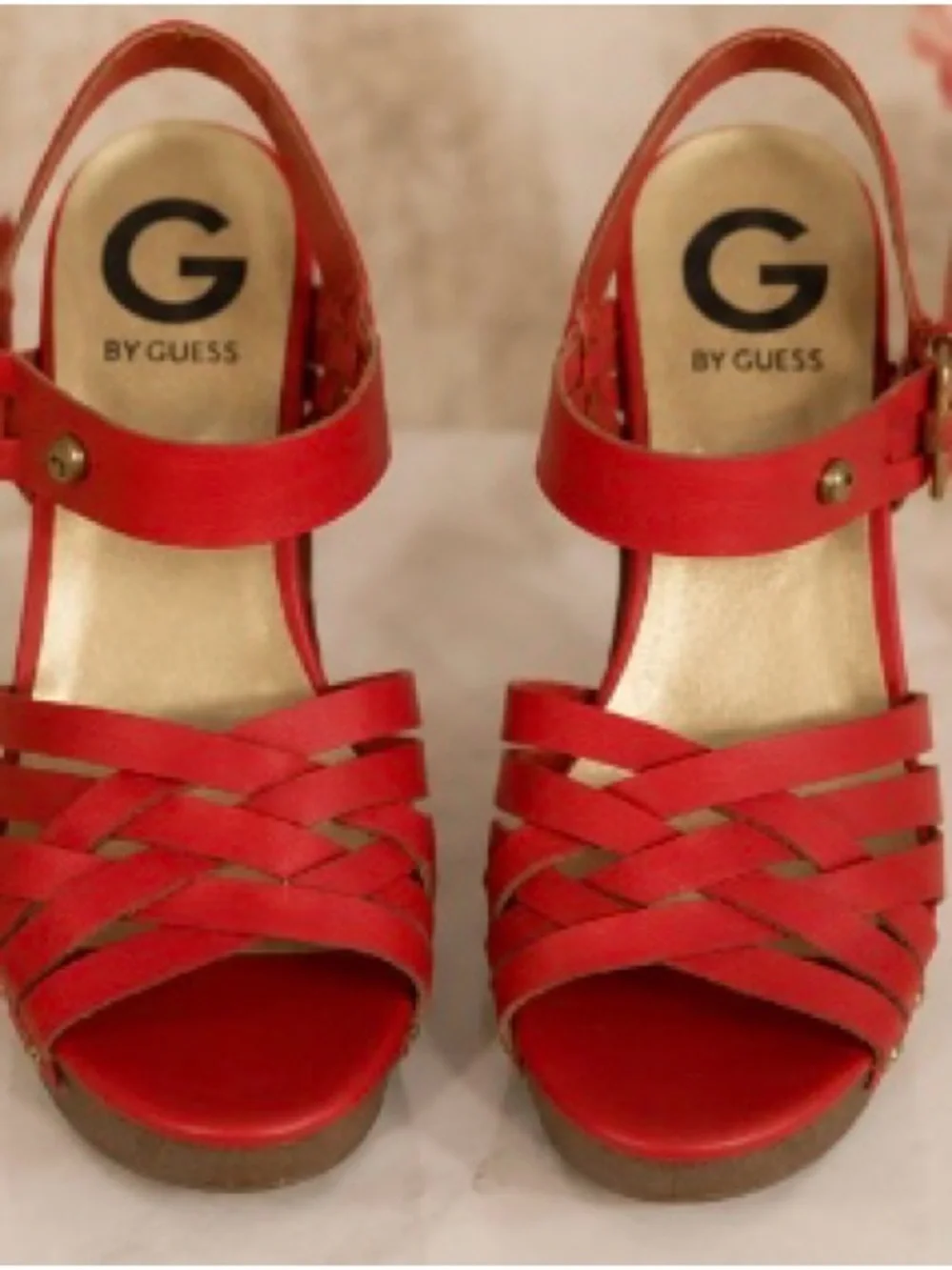 G by Guess Red Woven Platform Sandals